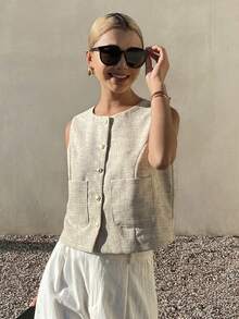 DAZY Solid Color Crew Neck Sleeveless Fitted Jacket For Women, Spring & Summer - Khaki - View 3