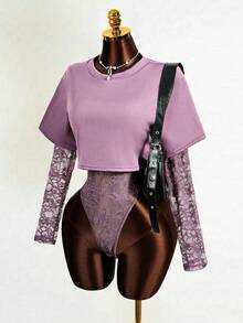 BamGleam 女士长袖性感蕾丝连体衣 - 淡紫色 - 查看 4