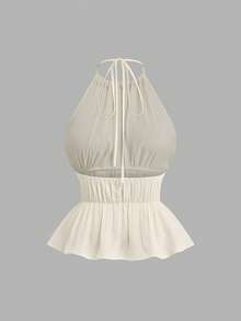 SHEIN PETITE CURVE 两件套蝴蝶结装饰，度假风，优雅纹理面料露背吊带背心搭配松紧腰直筒裤，夏季沙滩装，露肩无袖休闲时尚 - 杏色 - 查看 14