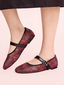 CUCCOO DOLLMOD Women's Shoes Mesh Embroidery Decorative Flat Bottom Mary Jane - Rouge Casaque - View 5