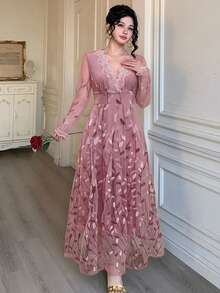 DAZY Spring & Summer Rhinestone Shiny Elegant Lace Midi Dress, Suitable For Valentine's Day, Wedding, Party, Formal Occasion, Slim Fit, Black Sundress - Pink - View 3