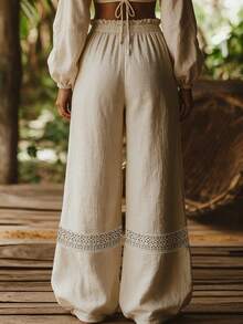 Quần dài ống rộng màu trơn, cạp chun, phối ren, chất liệu cotton pha. - Màu Khaki - Xem 2