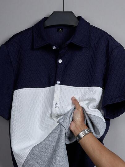 Manfinity Homme Men's Contrast Color Patchwork Summer Casual Button-Front Short Sleeve Shirt