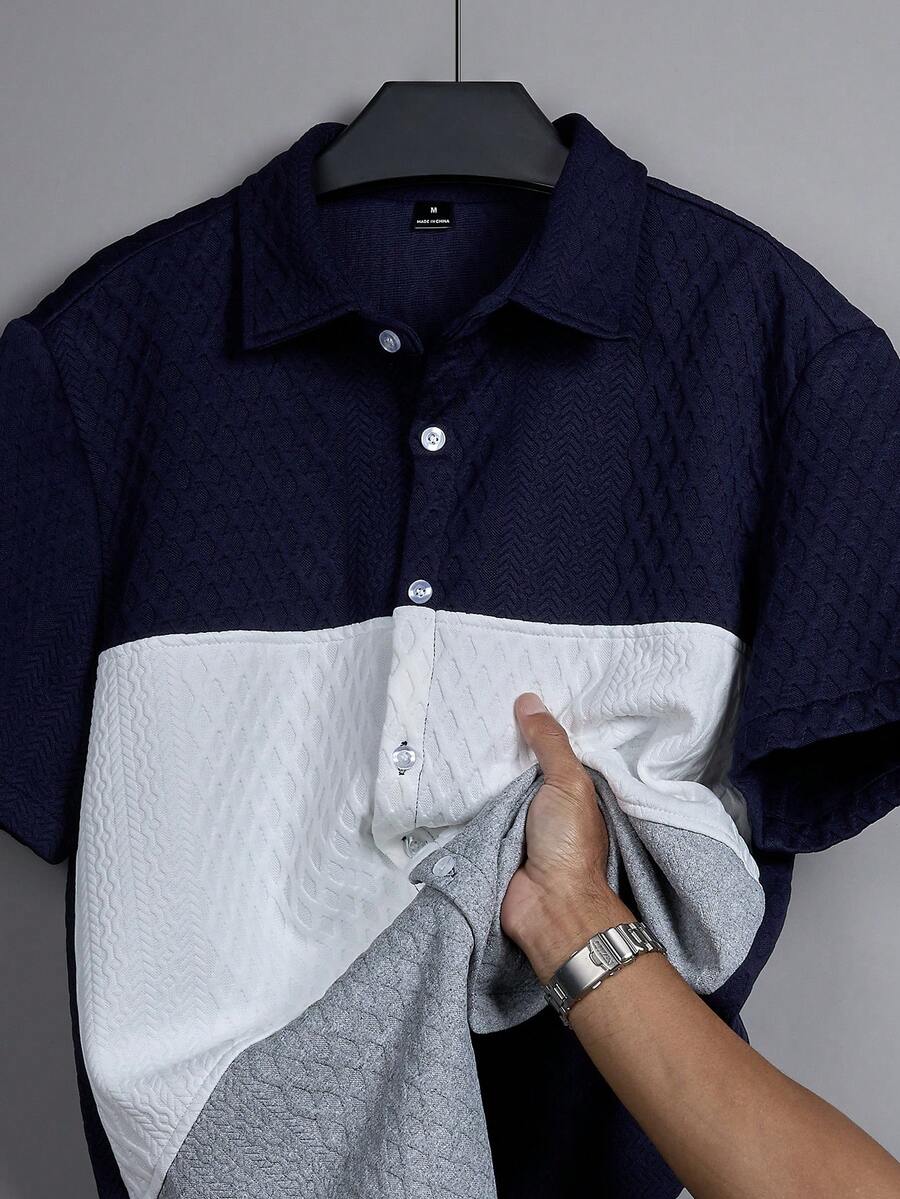 Manfinity Homme Men's Contrast Color Patchwork Summer Casual Button-Front Short Sleeve Shirt Color Block Shirt Men Colorblock Shirt - Multicolor - View 1