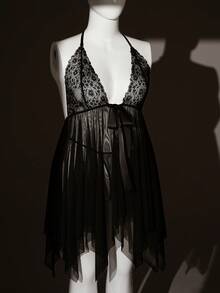 2pcs Plus Size Sexy Lace Patchwork Nightgown Set - Black - View 6