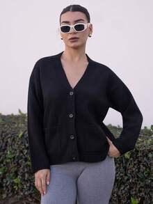 Andrea Bello Damen einfarbige Tasche Langarm gestrickte Strickjacke, Herbst - Schwarz - Übersicht 1