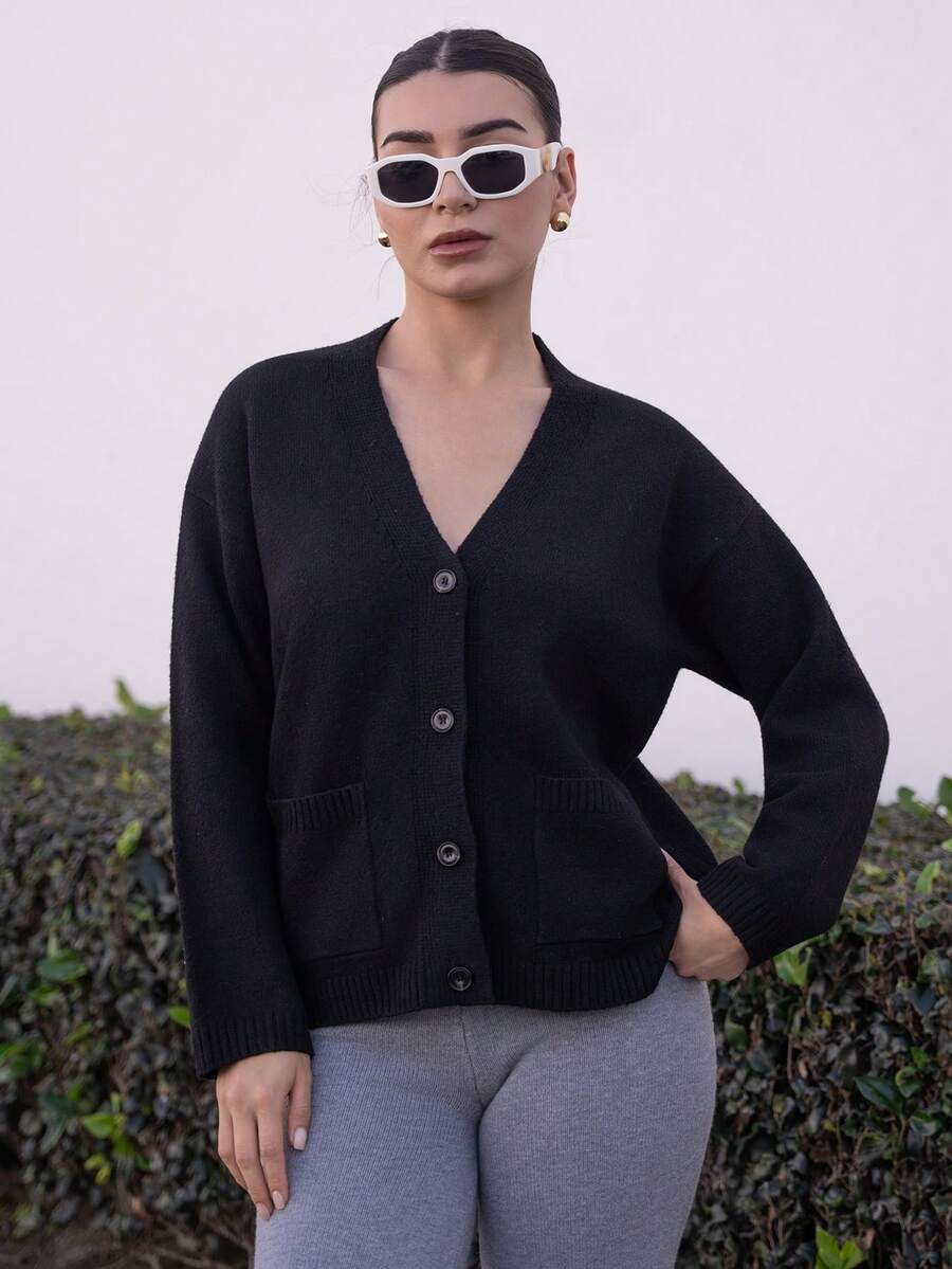 Andrea Bello Damen einfarbige Tasche Langarm gestrickte Strickjacke, Herbst - Schwarz - Übersicht 1