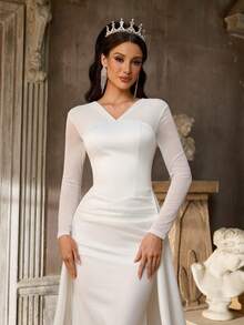 Aureia 优雅简约针织弹力缎面薄纱长袖褶皱腰部A字连衣裙，适合作为婚纱、正式场合或晚礼服。 - 白色 - 查看 3