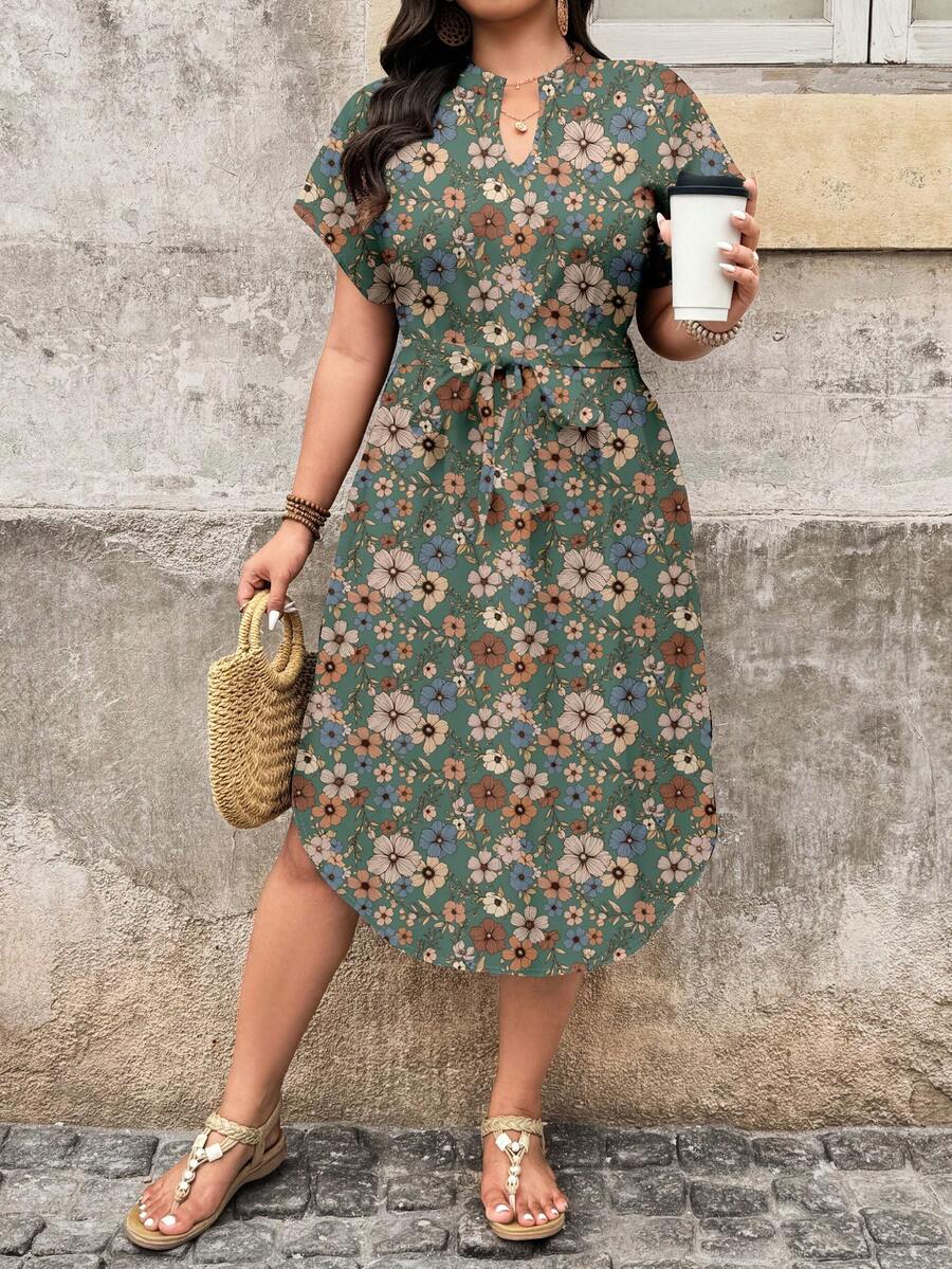 EMERY ROSE Plus Size Women V-Neck Floral Print Knotted Waist Casual Dress, Suitable For Summer - Multicolor - View 1