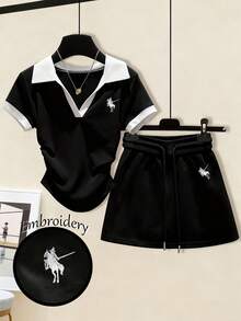 GlowEve 2 piezas Conjunto de top de manga corta y shorts de color contrastante para mujer - Blanco y Negro - Ver 8
