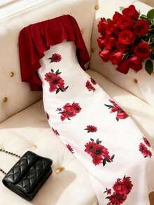 Franclia Fiery Red Floral Print Long A Line Dress For Women Elegant Sleeveless With Ruffle Asymmetrical Neck And Flared Hem Design - Fiery Red - View 3