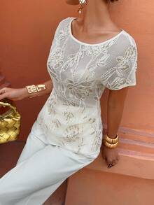 Selianne 1pc Women's Sequin Embroidered Sheer Pleated Waist A-Line Fitted Elegant Blouse, Suitable For Work And Casual Wear, Spring/Summer - Apricot - View 4