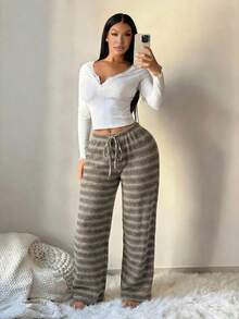 SHEIN SXY 女士舒适休闲简约低腰抽绳阔腿裤 - 彩色 - 查看 5