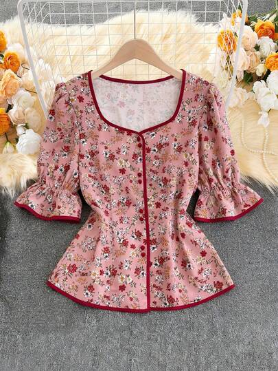 Franclia Women's Printed Contrast Color Elegant Casual Vacation Blouse, Spring/Summer