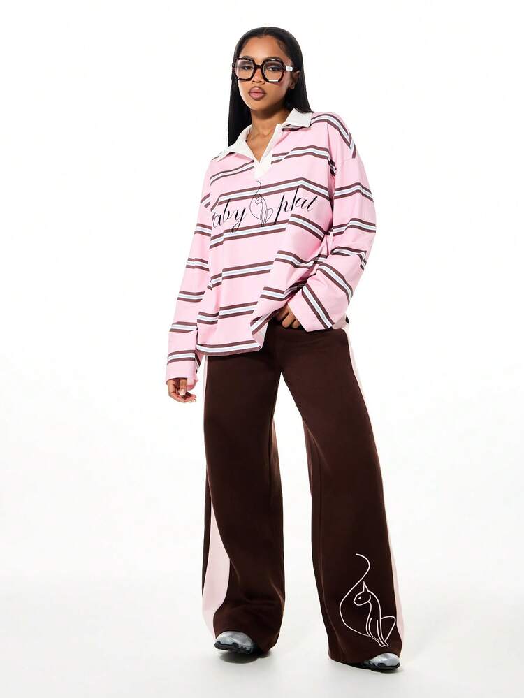 BABYPHAT Logo Stripe Oversized Long Sleeve Collared Polo Rugby Top With Graphic Print Front