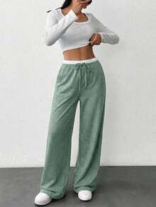 Women's Drawstring Waist Loose Casual Sports Pants Everyday Green And White Summer - Mint Green - View 3