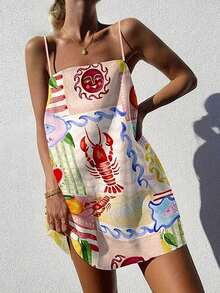 Vaclyn 女士夏季海滩度假风拼接印花宽松迷你吊带裙 - 彩色 - 查看 1