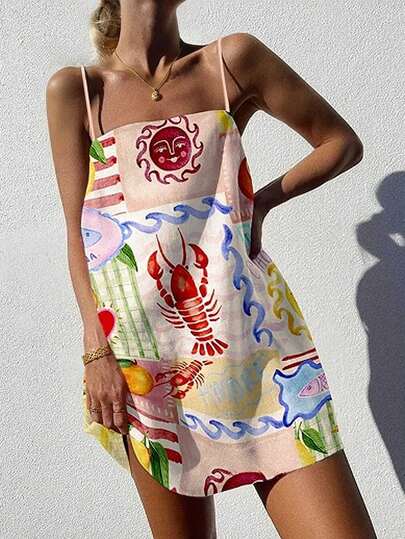 Vaclyn Women's Summer Beach Vacation Style Patchwork Print Loose Mini Slip Dress