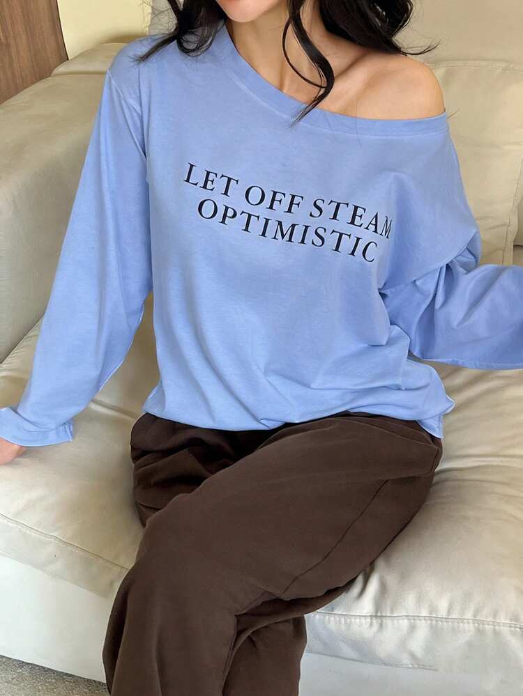 2pcs/Set Women Graphic Print Loose Oversized Long Sleeve T-Shirt And Straight Long Pants Pajama Set, Spring