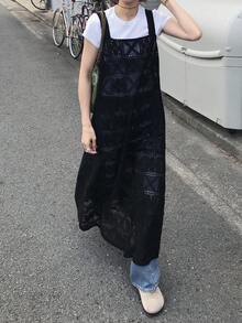 FRIFUL 女士蕾丝刺绣背带裙纯色连衣裙，适合春季至夏季穿着的吊带裙 - 黑色 - 查看 9