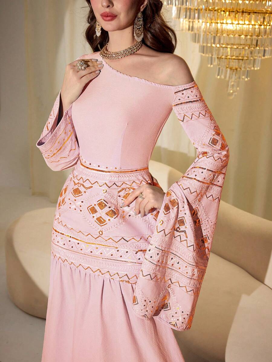 Modelyn Bata de estilo árabe de Oriente Medio con bordado de lentejuelas y patchwork, bata larga tradicional - Rosa - Ver 1