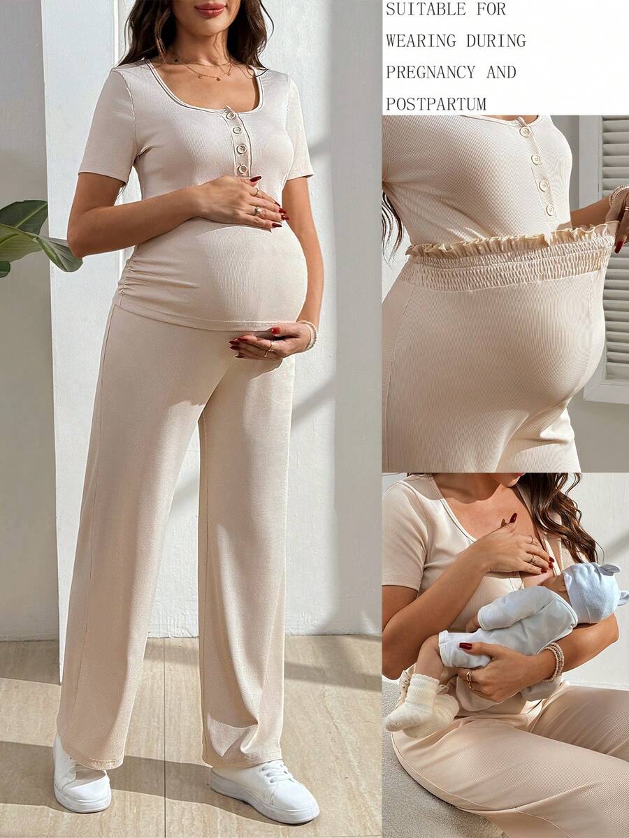 SHEIN Conjunto de maternidad de 2 piezas: Top de manga corta con cuello cuadrado y botones de unicolor & Pantalones de cintura elástica con ajuste relajado - Albaricoque - Ver 1