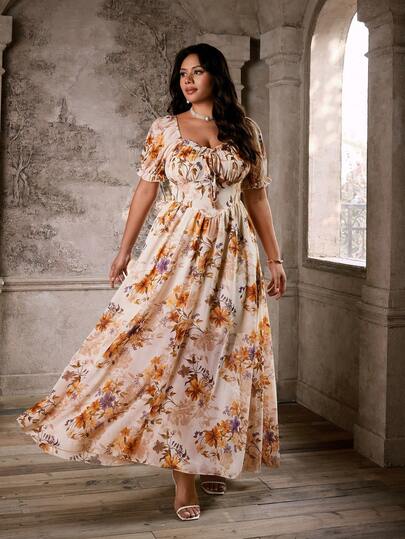 Lyrianda Elegant Floral Chiffon Puff Sleeve Square Neck Plus Size Women Long Dress, Spring And Summer