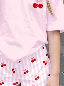 Tween Girls' Casual Cherry Print Dropped Shoulder Loose T-Shirt And Striped Shorts Set, Summer - White - View 5