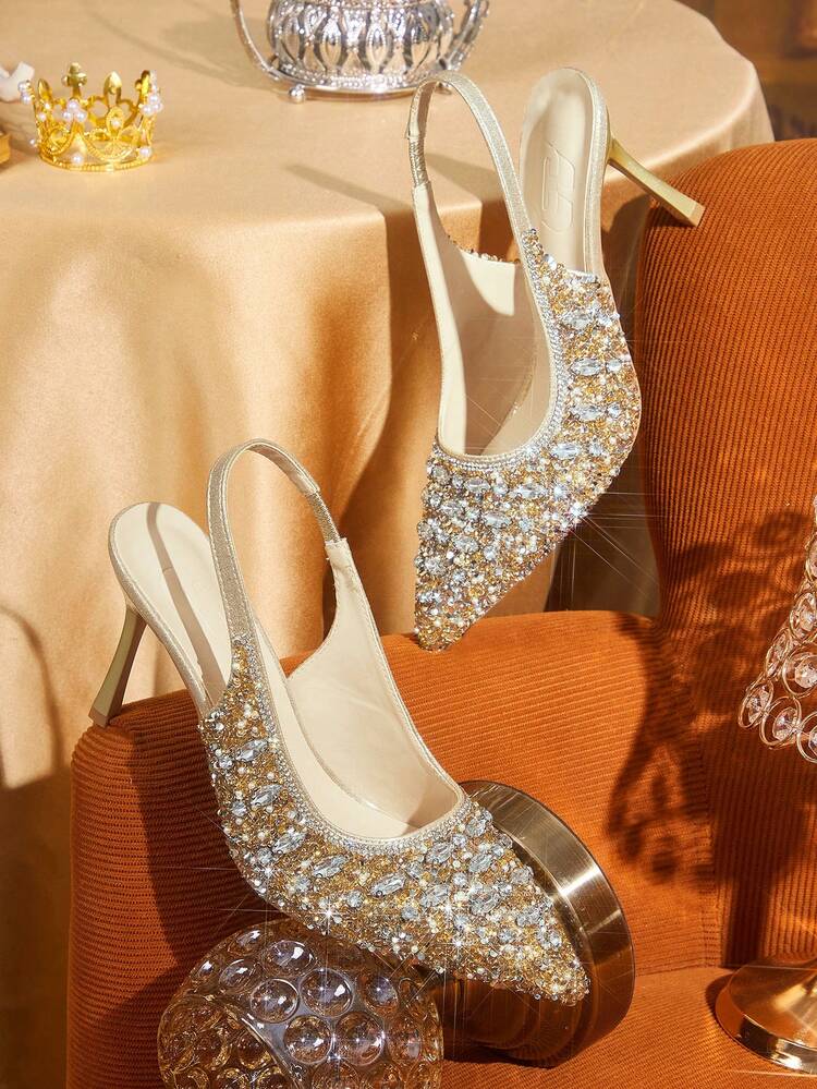 CUCCOO TILAWA Women Shoes Women's Fashion Pointed Metal Rhinestones Sparkling Evening Wedding Lightweight Daily Commuter Party Wind Outdoor Pedal Stiletto High Heel Shoes