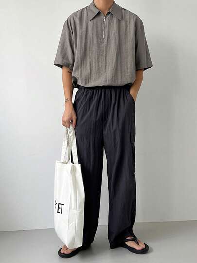 DAZY 男士灰色短袖半拉链领衬衫，夏季款