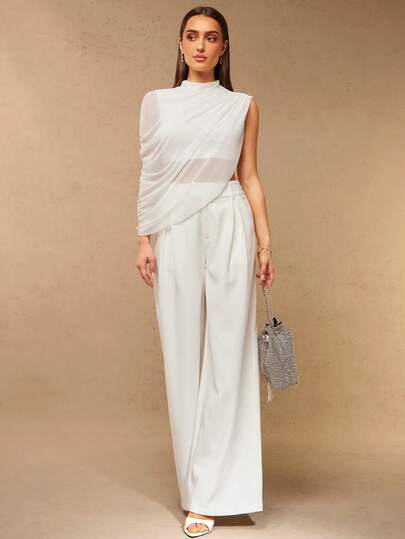 Silquee White, Stylish Semi-Sheer Mesh Cropped Off-Shoulder Top, Suitable For Everyday Wear, Commuting, And Fashion. Features A Shawl Collar And Draped Details For A Slimming Effect.