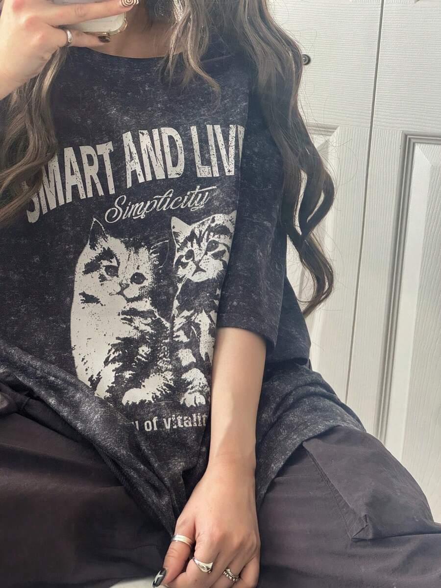 FRIFUL Women's Casual Fashionable Street Chic Daily Commute Cat Slogan Print Washed Loose Blouse, Summer - Grey - View 1