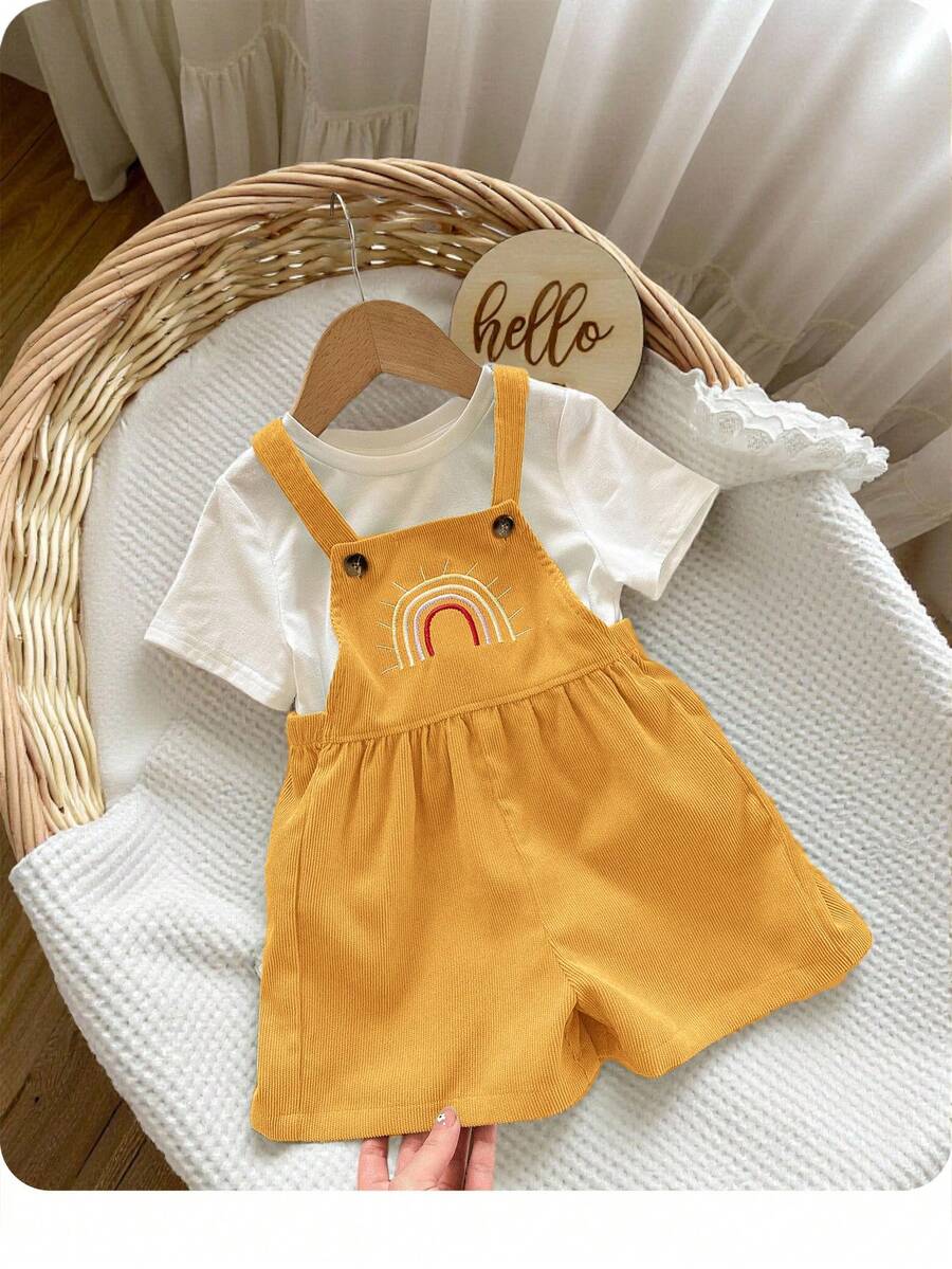 SHEIN 新生女嬰可愛百搭休閒綠色彩虹刺繡連身褲 Rainbow Baby - 黃色 - 查看 1