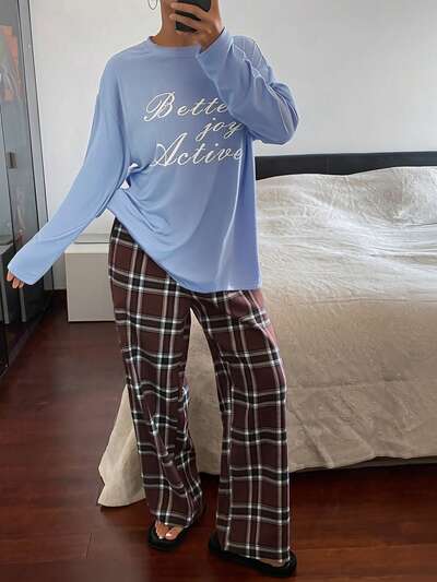2pcs Women Graphic Print Loose Long Sleeve T-Shirt And Plaid Straight Leg Long Pants Pajama Set, Spring/Autumn