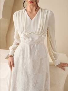 Modelyn Elegant Romantic Cutout Floral Chiffon V-Neck Dress - Beige - View 1