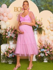 Loomaby Pink Summer Maternity Dress,Fairy Mesh Patchwork Sleeve V-Neck Lace Decor Layered Loose Gown For Baby Shower,Gender Reveal & Photoshoot,Plus Size - Pink - View 2
