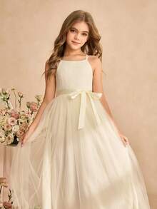 Girls' Elegant Minimalist Round Neck Sleeveless Waist Cinched Long Lace Patchwork Multi-Layer Tulle Solid Green Summer Dress, Flower Girl Dress For Wedding Junior Bridesmaid Dress Young Girl Elegant Dress Ivory Dress Girls Cream Dresses For Girls - Apricot - View 6