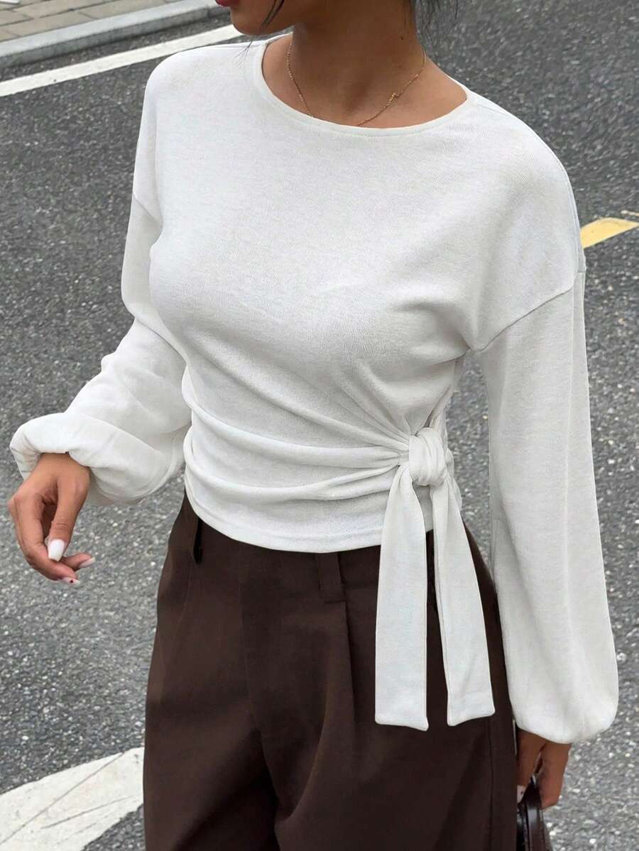 Siren Gaze 女士纯色圆领褶皱扭结休闲长袖上衣 - 白色 - 查看 1