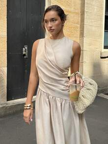Siren Gaze Vestido casual de verano sin mangas con cintura fruncida en color albaricoque para mujer - Albaricoque - Ver 4