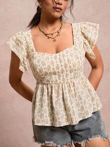 Freevana Plus Size Women's Vacation Ditsy Floral Sweetheart Collar Ruffle Sleeve Blouse - Apricot - View 6