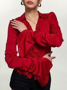 Rina Fox Women's Solid Color Frill Trim Single-Breasted Pleated Casual Everyday Long Sleeve Top - Burgundy - View 6