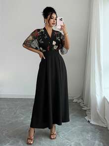 Rafferiza 女士V领网纱拼接刺绣连衣裙，优雅杏色 - 黑色 - 查看 3