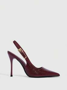 CUCCOO SZL Women's Faux Snake Skin Metallic Buckle Decor Pointed Toe High Heel Shoes, Burgundy - 22-28 Burgundy - View 4