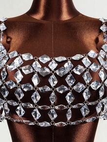 Mistrie Women's Rhinestone Sequin Camisole White Silver Sparkle Summer Techno Party Club Pool Rave Spaghetti Strap Bikini Tank Top Music Festival Y2K Sexy - Silver - View 5