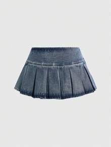 ROMWE Falda vaquera súper baja de cintura con parches, remaches y estilo vintage sexy para festivales de música hippie - Azul lavado medio - Ver 2