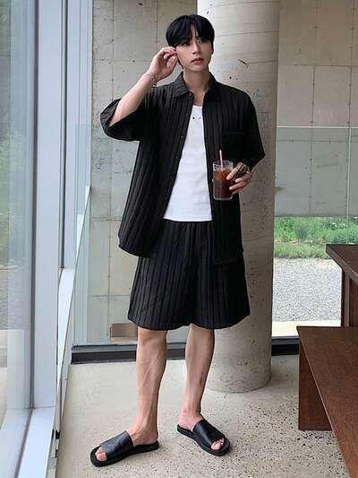 Men's Black Short Sleeve Shirt And Shorts Set, Summer