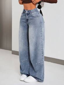 SHEIN PETITE Jeans minimalisti di colore unito da donna per uso quotidiano - Blu - Visualizzare 1
