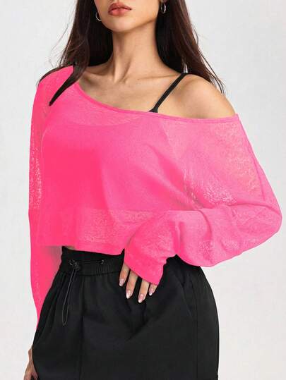 Gameset SHEIN Sport Women's Loose Batwing Sleeve Off-Shoulder Workout Running Outdoor Sports T-Shirt Hot Pink Tops Women Pink Long Sleeve Top Off Shoulder T Shirt Off Shoulder Gym Top Sheer Tops For Women Womens Tops For Summer Off Shoulder Jersey Rose Top For Women Tops For Women Summer Off Shoulder Top