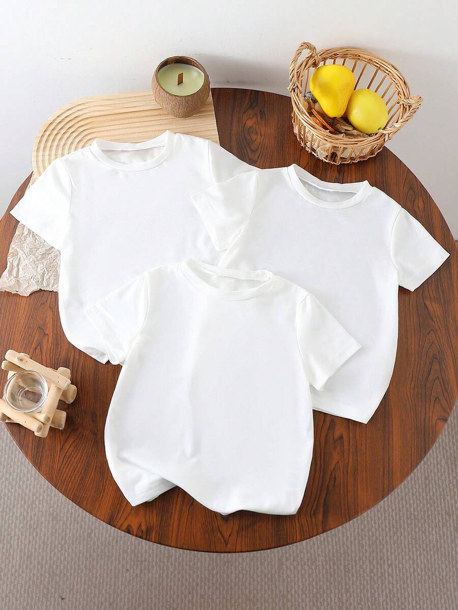 SHEIN Playful Pals 3件套女婴休闲纯白色短袖圆领T恤，百搭基础款夏季单品，适合女童和婴儿，经典简约，四季皆宜——春、夏、秋、冬