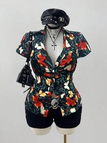 Sunspun Plus Size Plaid Short Sleeve Cinched Casual Shirt - Multicolor - View 1